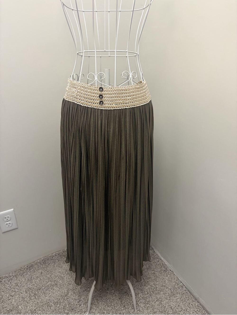Double Zero Olive Maxi Skirt with Cream Crochet Waist